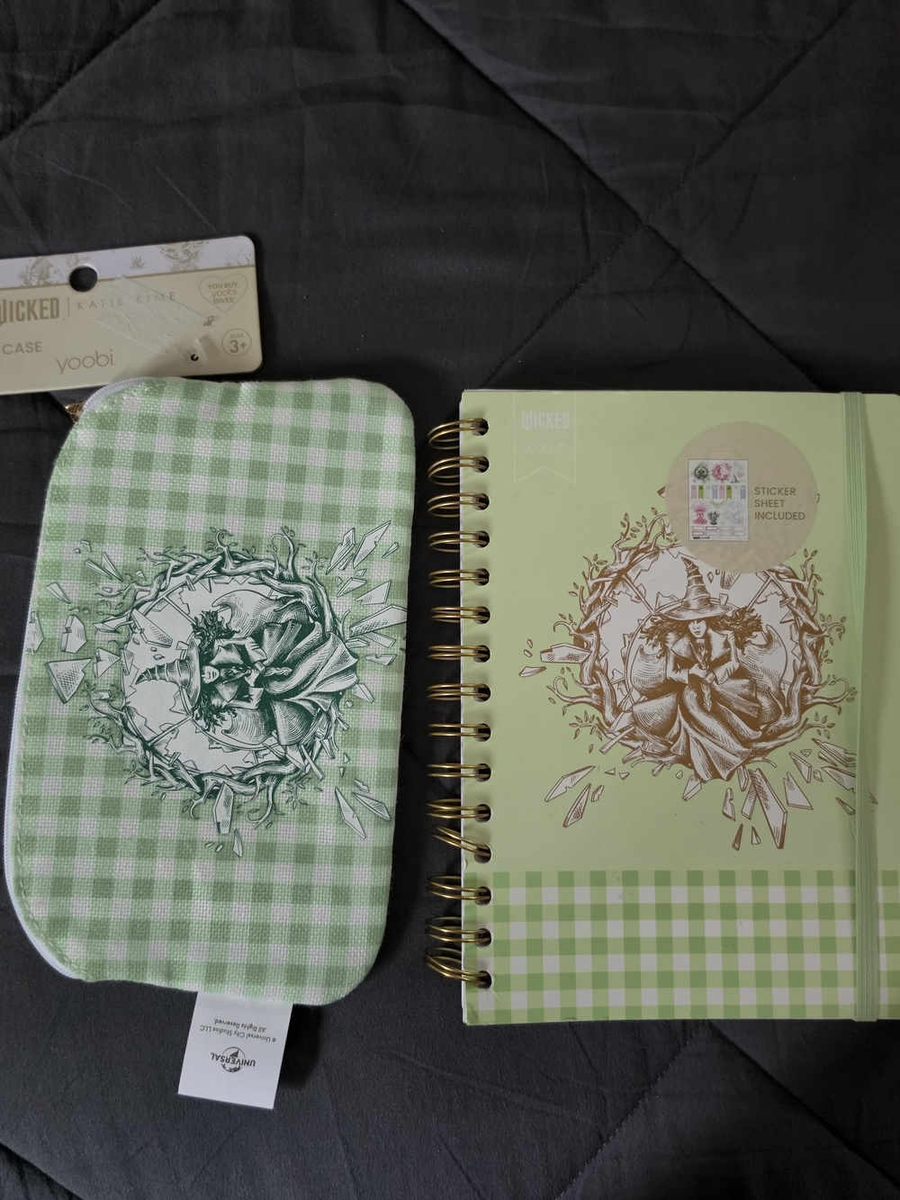 yoobi Green Gingham Wicked Spiral Notebook & Reversible Makeup/ Pencil Case Set